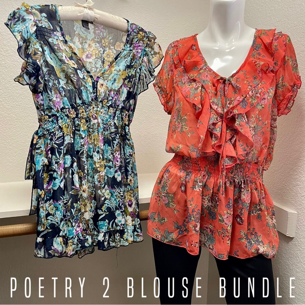 POETRY✌️2 Blouse BUNDLE Lightweight Semi Sheer Coral/Navy Floral Blouses Sz S
